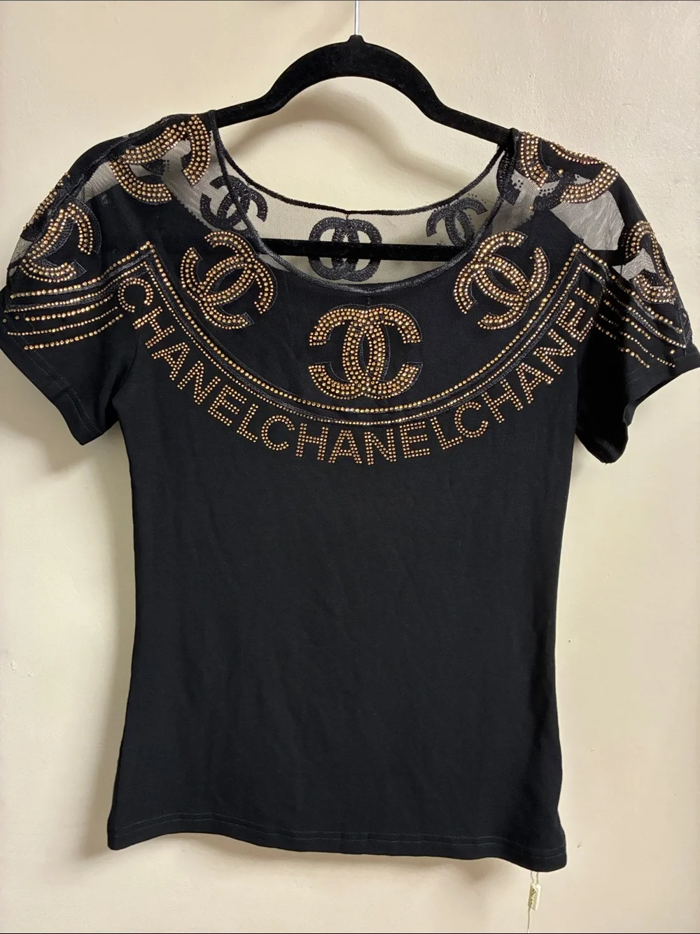 CHANEL Black Short Sleeve Logo Tee with Gold Stud Detailing